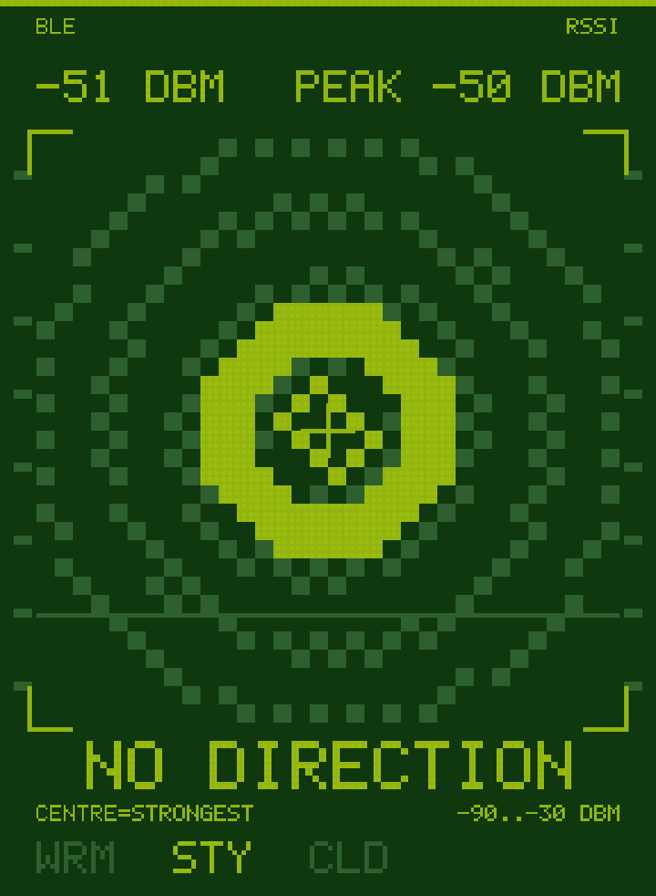 The HUNT proximity display: a dark phosphor field with concentric range arcs, a
                   bright contact ring around a centre cross, and the caption NO DIRECTION.